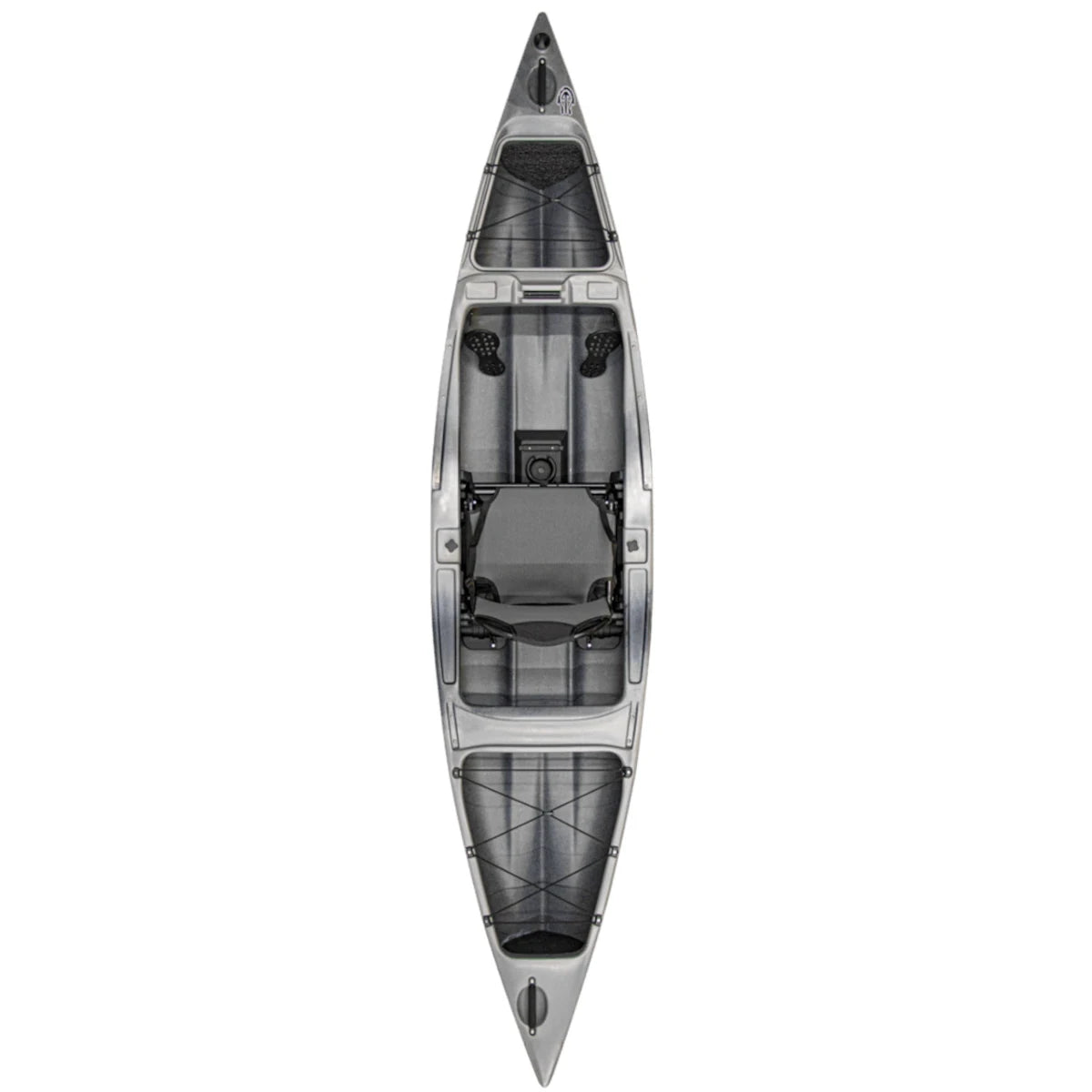 A top-down view of the Native Watercraft Ultimate FX 12 Solo, a gray fishing kayak for one with footrests, a padded seat, and front and rear storage compartments.