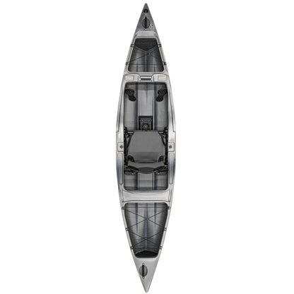 A top-down view of the Native Watercraft Ultimate FX 12 Solo, a gray fishing kayak for one with footrests, a padded seat, and front and rear storage compartments.
