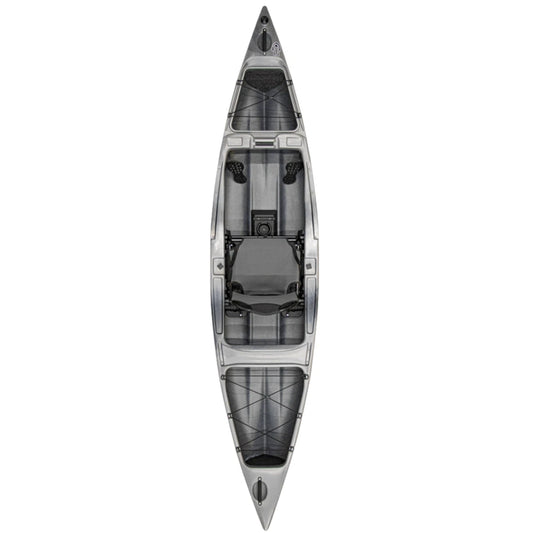 A top-down view of the Native Watercraft Ultimate FX 12 Solo, a gray fishing kayak for one with footrests, a padded seat, and front and rear storage compartments.