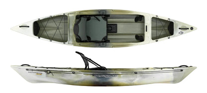 Top and side view of a Native Watercraft Ultimate FX 12 Solo sit-on-top fishing kayak featuring a tunnel hull, mounted seat, storage compartments, and bungee cords.