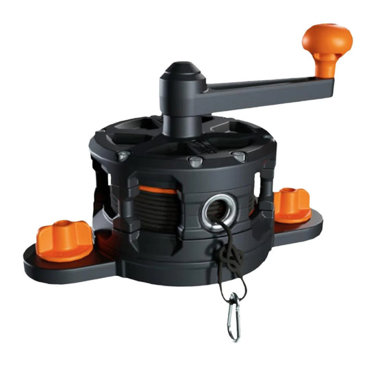 The YakAttack DropShot Anchor Line Reel is a black and orange hand-crank reel with a side handle, two orange knobs, and a metal hook secured by durable marine grade polyester cordage for kayak anchoring.
