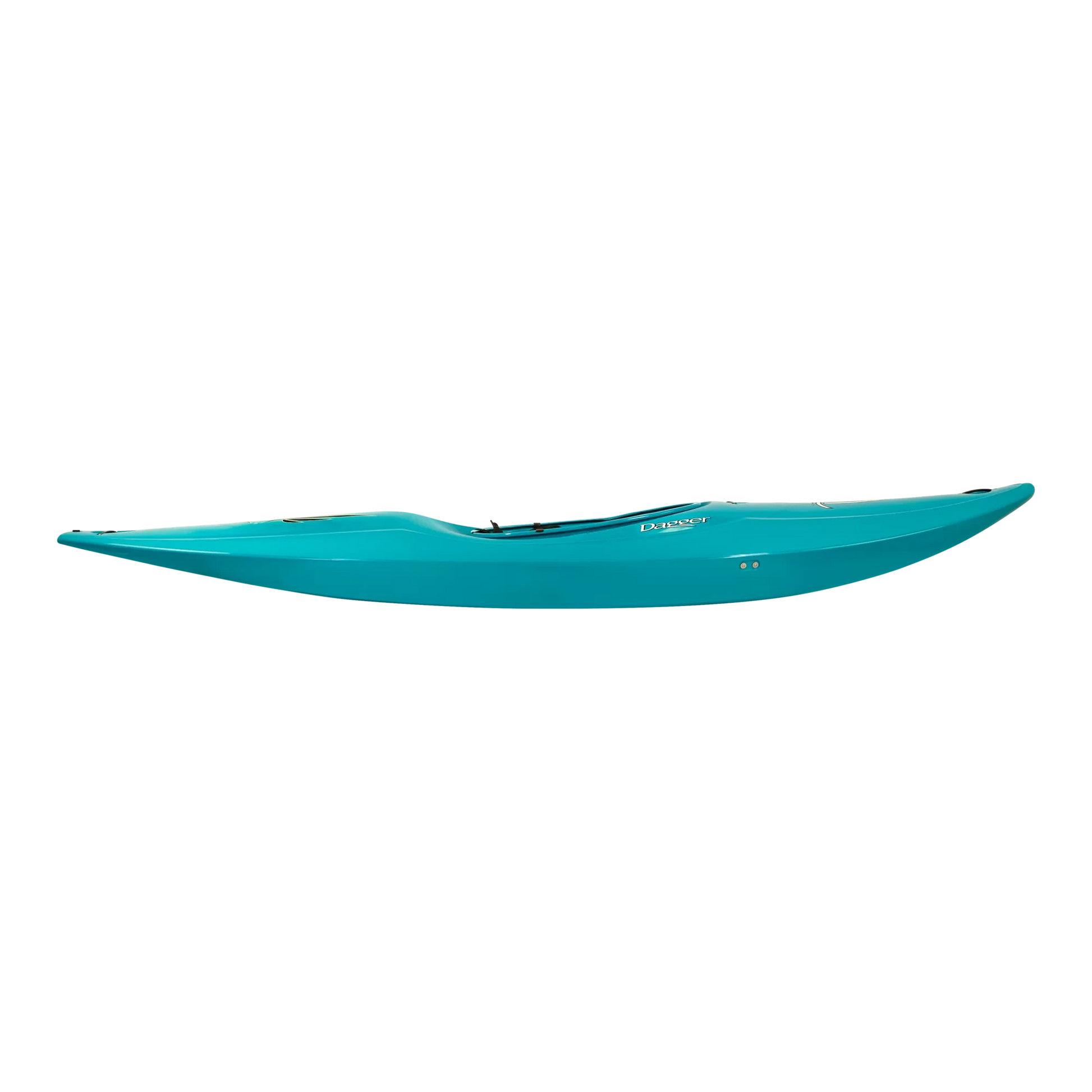 Side view of a turquoise Dagger Vanguard 12 racing kayak with a black background.