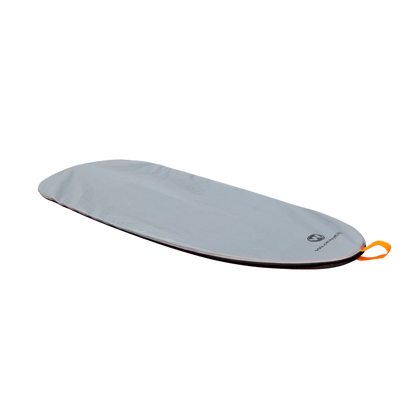A Wilderness Systems TrueFit W Cockpit Cover made from durable urethane coated nylon with an orange handle on the side, designed to protect surfboards.