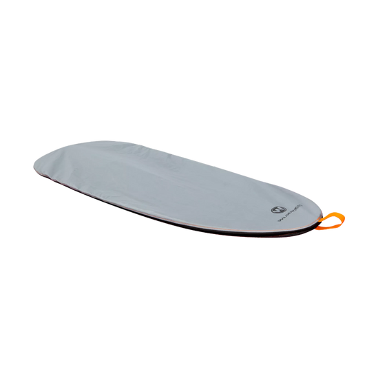 A Wilderness Systems TrueFit W Cockpit Cover made from durable urethane coated nylon with an orange handle on the side, designed to protect surfboards.
