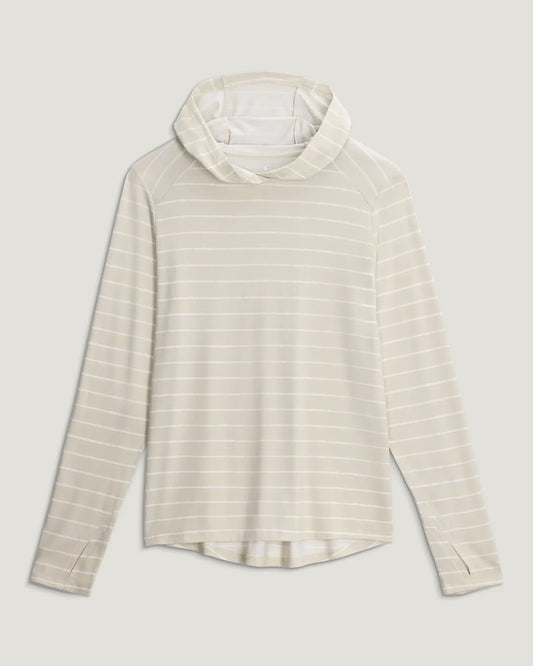 The Women's Bamboo Shade Hoodie II by Free Fly is an odor-resistant, off-white long-sleeve hoodie with thin horizontal stripes and a loose cowl neck—an activewear essential.