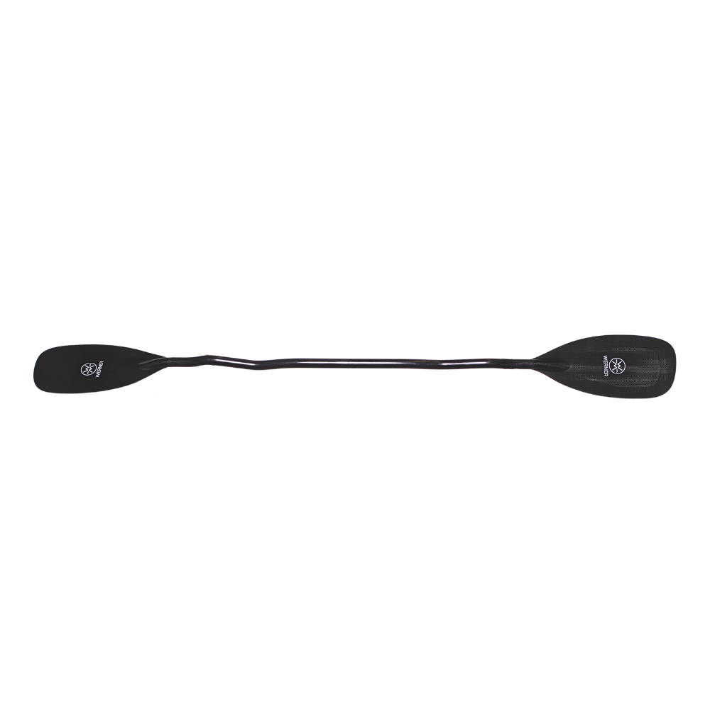 The Werner Paddles Stealth is a sleek, single black kayak paddle with dual blades and a slight shaft bend, ideal for racing enthusiasts.