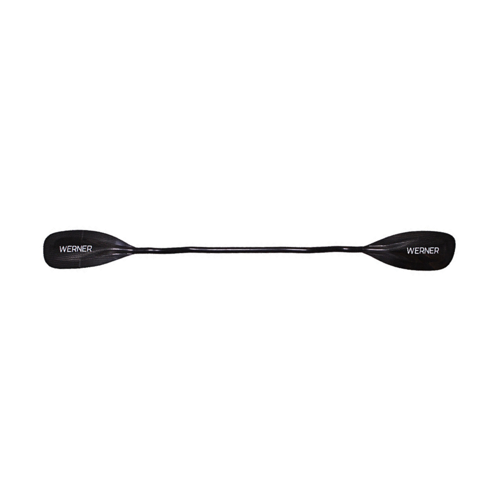 A black Werner Paddles kayak paddle, featuring two advanced design Covert blades, is displayed against a white background.
