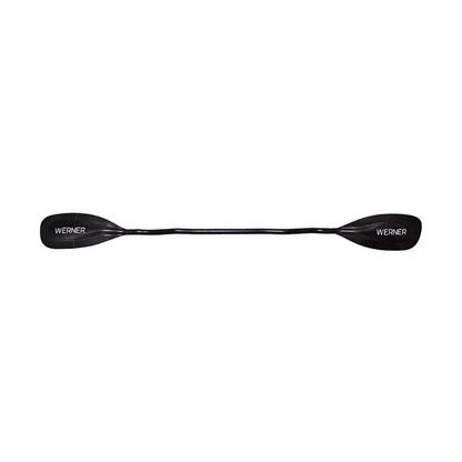 A black Werner Paddles kayak paddle, featuring two advanced design Covert blades, is displayed against a white background.