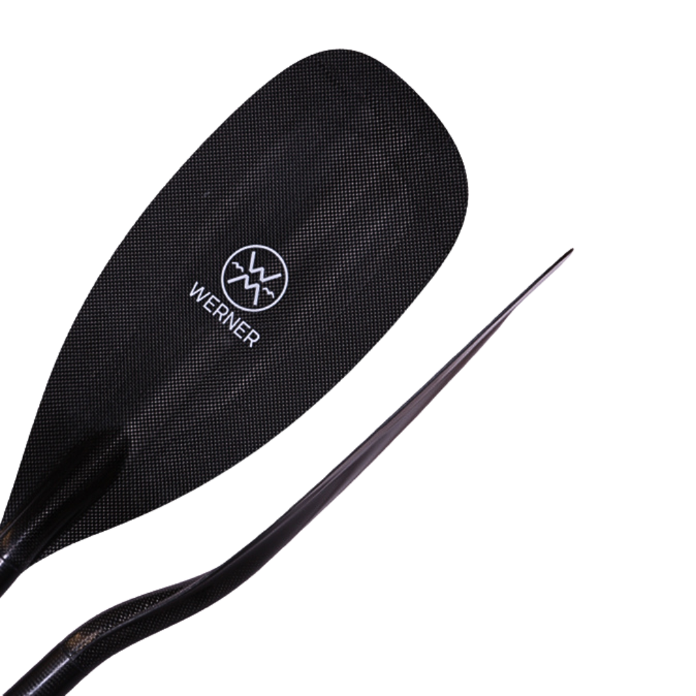 A black paddle with a white logo, Werner Stealth blade for advanced racing.