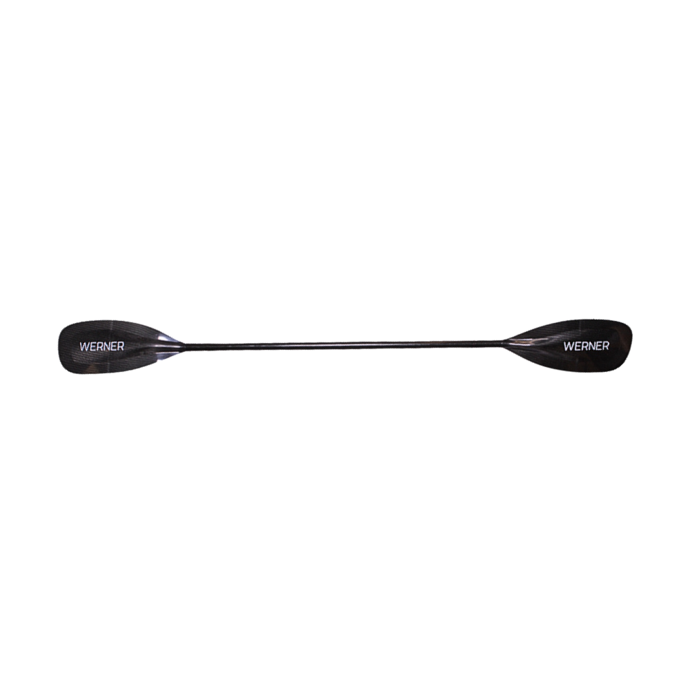 A black Werner Stealth paddle with white text designed for racing.