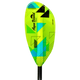 Close-up of a bright yellow and green fiberglass kayak paddle blade with geometric patterns and the AquaBound Whiskey brand printed on it.