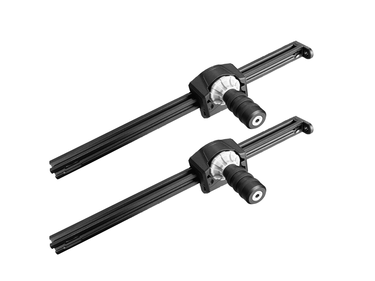 Two black metal and plastic roof rack cross bars with adjustable clamps, ideal for transporting kayaks with the Native Watercraft Wizard Foot Controlled Rudder Steering System, shown on a white background.