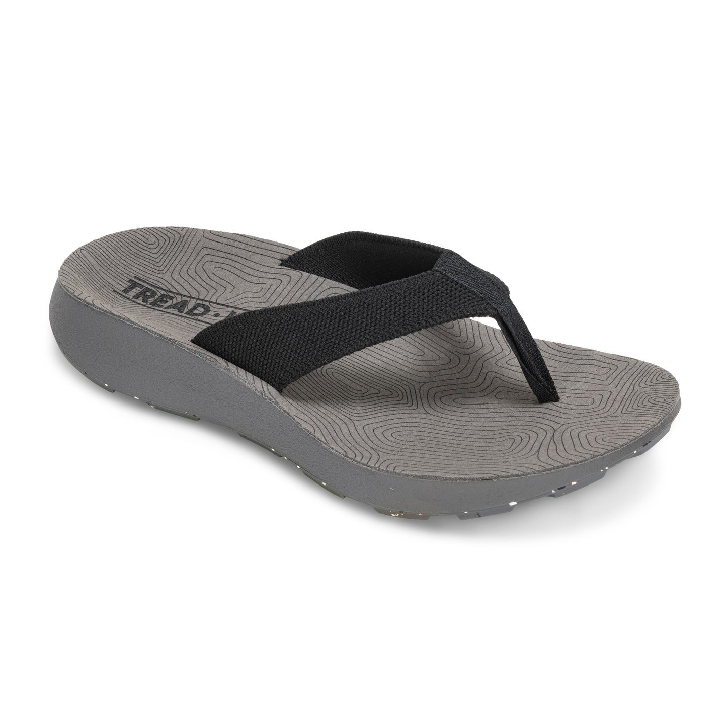 The Tread Labs Women's Orleans Sandal is a black and gray flip-flop with thick fabric straps, a cushioned footbed, and a textured sole, shown on a white background.