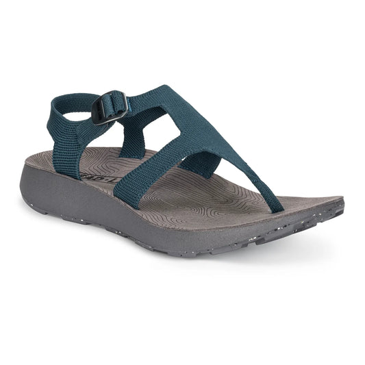 The Women's Albion Sandal by Tread Labs is a teal strappy sandal with an adjustable buckle and gray contoured sole, crafted from recycled polyester yarns for sustainability.