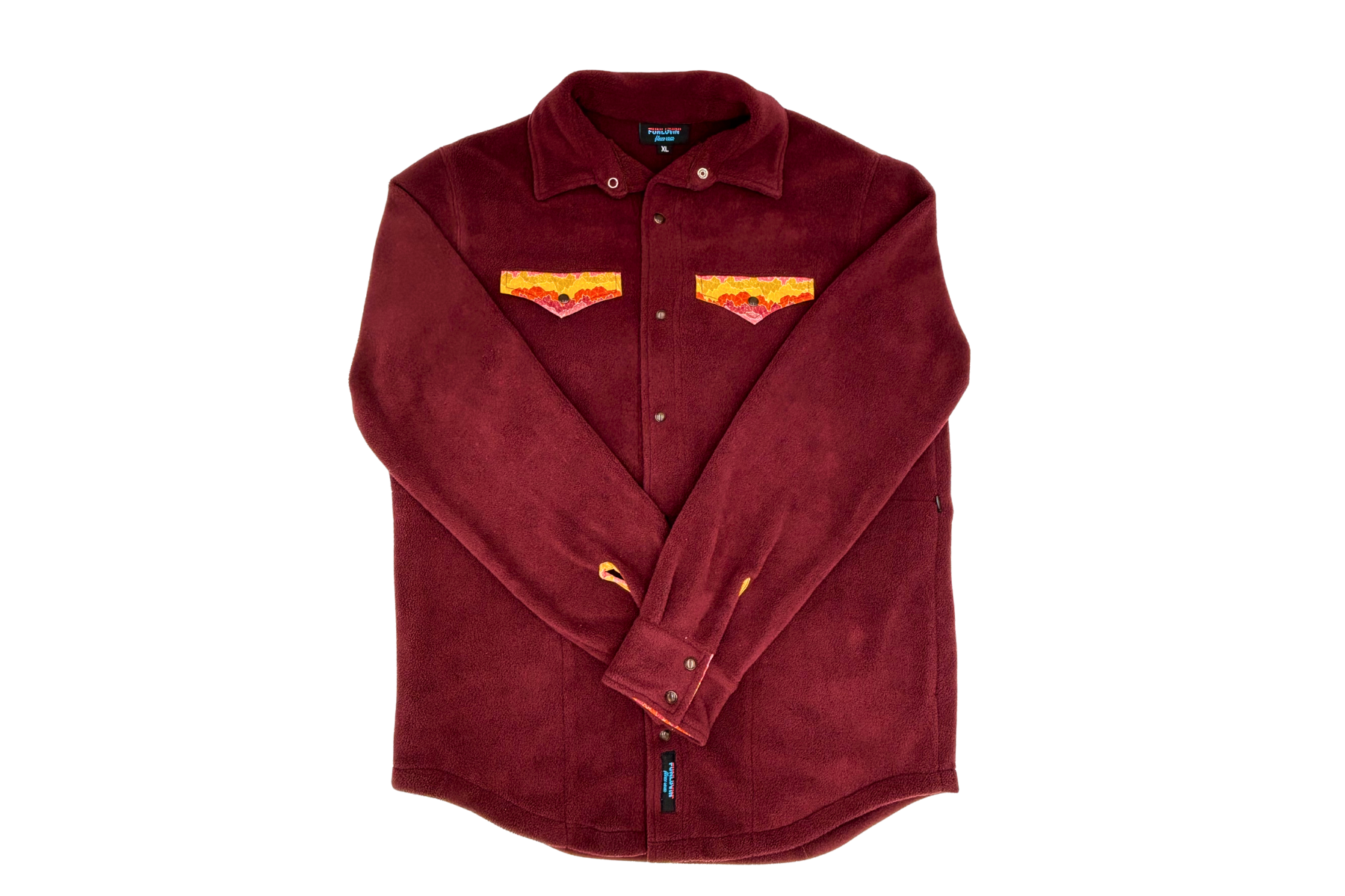 The FunLuvin' Fleecewear FunLuvin' Fleece Pear Snap W's is a maroon western fleece shirt with yellow and orange patterned chest pockets and cuffs, shown on a white background.
