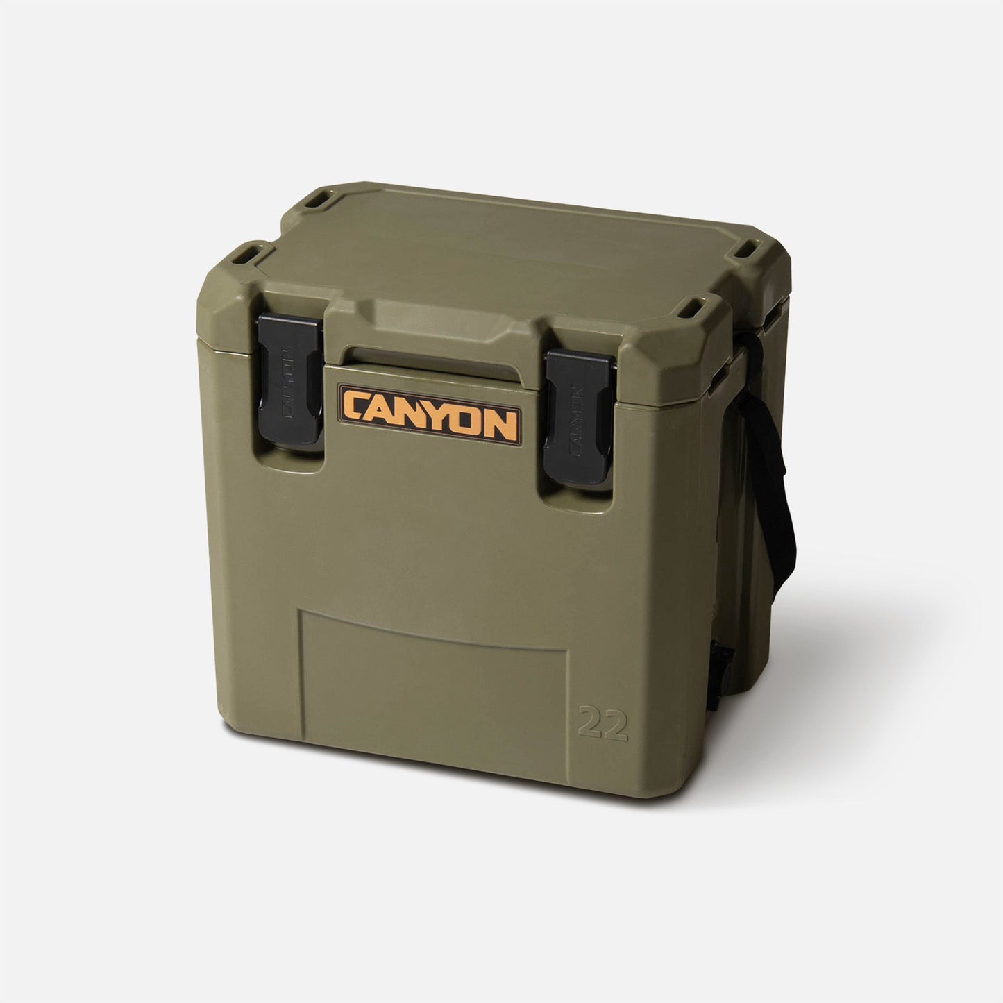 The Canyon Coolers Outfitter 22 V2 Cooler in green is a 22-quart rotomolded cooler with a black carrying handle and two black front latches, ideal for day trips. Shown on a plain white background.