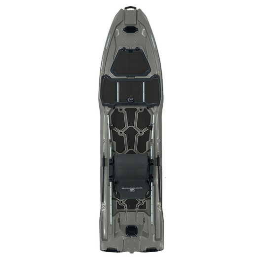 Top-down view of the Bonafide XTR130, a gray fishing kayak featuring a central seat, multiple compartments, non-slip deck, and modular motor compatibility.