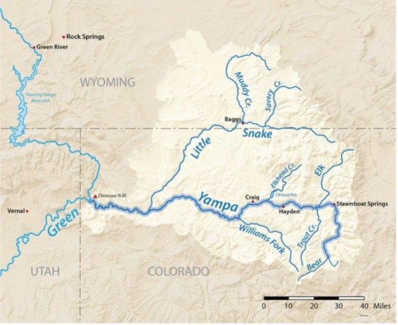 Map of the Green and Yampa rivers with tributaries in the Colorado River Basin (CO, UT, WY), labeled with towns and features. Includes mile scale bar. Inspired by Yampa Yearnings Book from Recreation Publishing Inc.