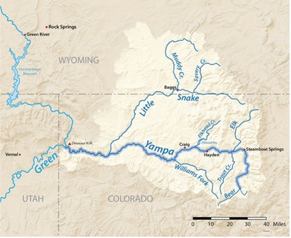 Map of the Green and Yampa rivers with tributaries in the Colorado River Basin (CO, UT, WY), labeled with towns and features. Includes mile scale bar. Inspired by Yampa Yearnings Book from Recreation Publishing Inc.