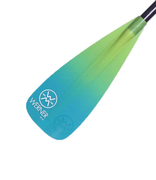 The Zen 85 Adjustable SUP Paddle by Werner Paddles features lightweight green and blue fiberglass blades with the Werner logo, attached to a black handle.