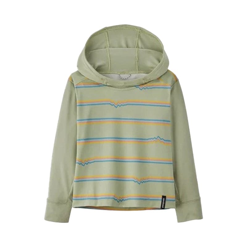 a girl's Patagonia Baby Cap SW Hoody with multicolored stripes.