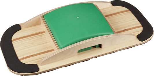 The Coyote River Gear Blue Planet Balance Board features a wooden 3D design with a curved green platform and black grip pads, ideal for adjustable balance training and core strengthening.