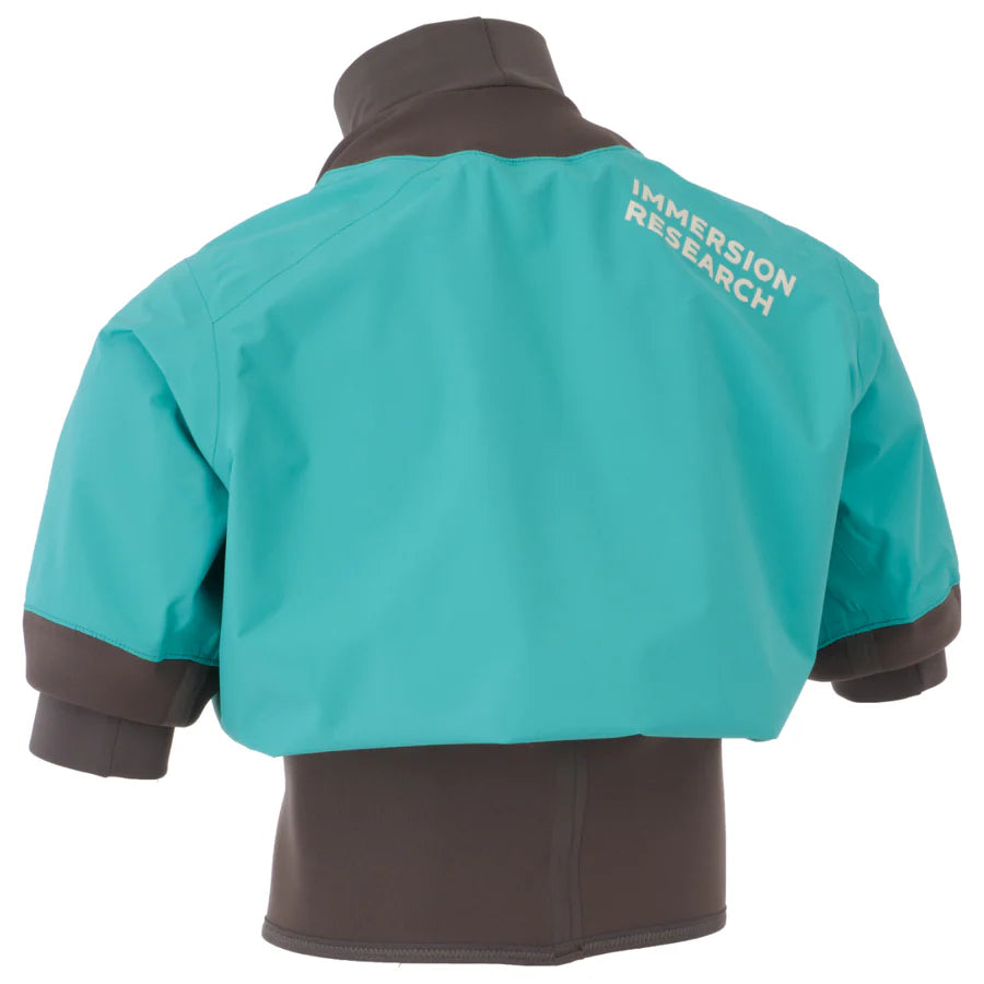 A blue and gray short-sleeved jacket with the words "Immersion Research" printed on the back, featuring a waterproof breathable shell perfect for warm weather paddling. This is the Nano Short Sleeve Paddle Jacket by Immersion Research.