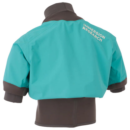 A blue and gray short-sleeved jacket with the words "Immersion Research" printed on the back, featuring a waterproof breathable shell perfect for warm weather paddling. This is the Nano Short Sleeve Paddle Jacket by Immersion Research.