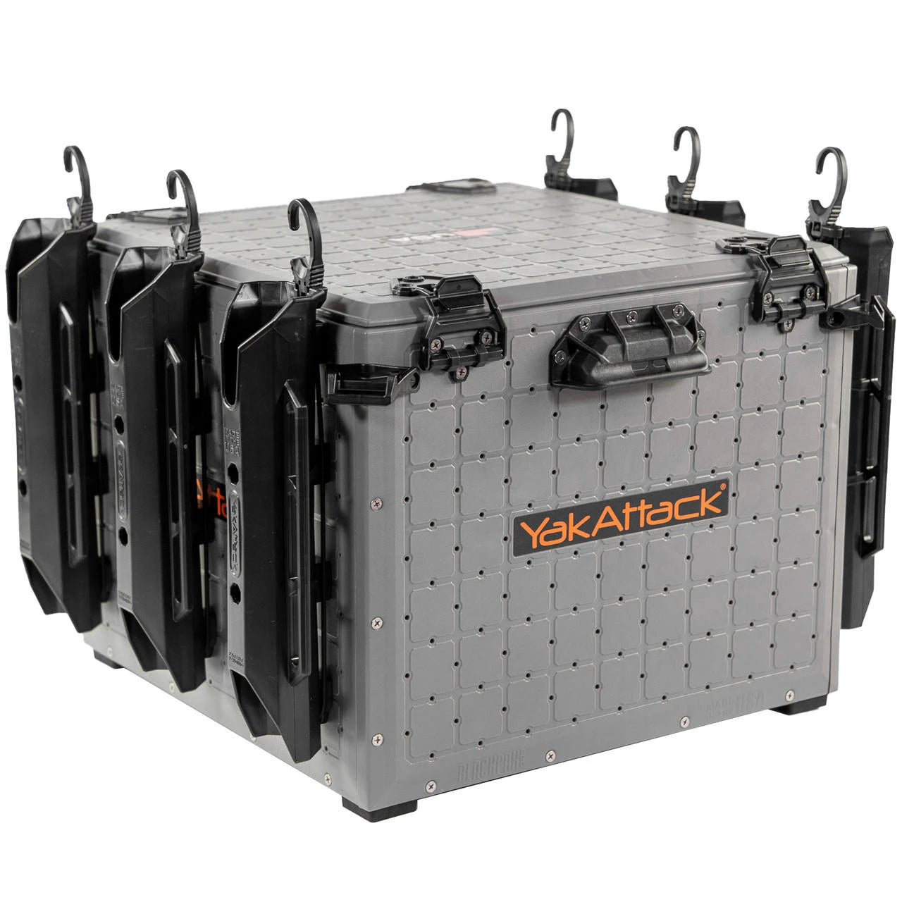 The YakAttack BlackPak Pro Kayak Fishing Crate features a gray, textured finish, black handles, and multiple side rod holders.