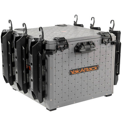 The YakAttack BlackPak Pro Kayak Fishing Crate features a gray, textured finish, black handles, and multiple side rod holders.