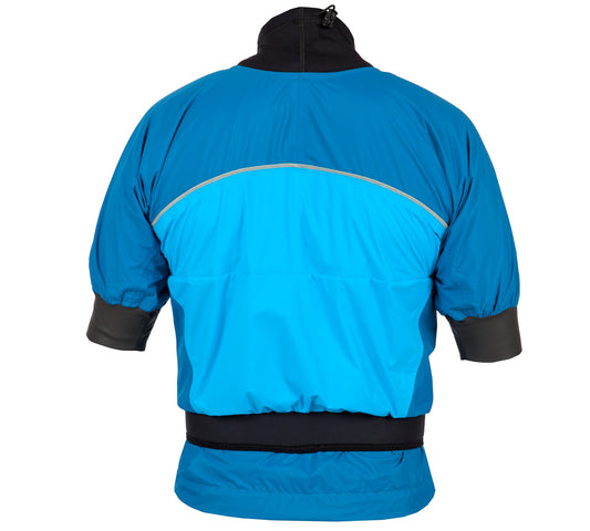 Kokatat Blast Semi Dry Shorty in blue and black, featuring short sleeves, a high collar, neoprene waistband, and a back view.