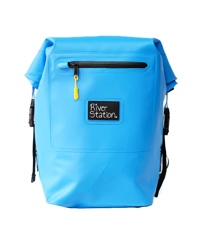 Blue waterproof Dry Thwart Bag - V2 with a black zipper and a 'River Station Gear' logo patch.