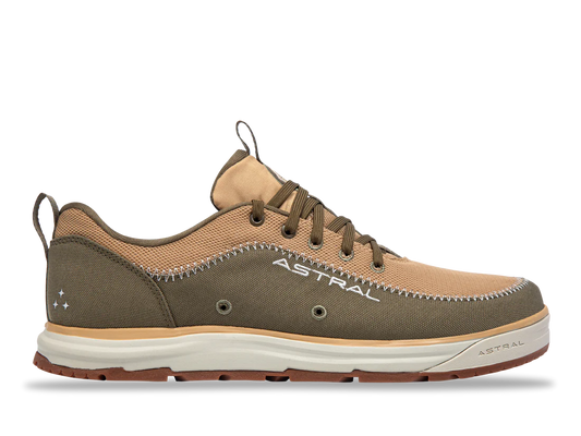 Side view of the "Brewer 3.0" by Astral in brown and tan, designed for kayakers with a hydrophobic canvas upper. It has laces, a back loop, and "Astral" on the side, sitting on a durable white and brown water-friendly sole.