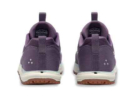 Rear view of Astral's Brewer 3.0 sneakers in purple with white midsoles, brown outsoles, and hydrophobic canvas features three white stars on each heel.