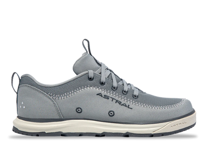 Astral's Brewer 3.0 is a gray casual water shoe for kayakers, featuring laces, a mesh upper, hydrophobic canvas, and a white sole, with the brand's name visible on the side.