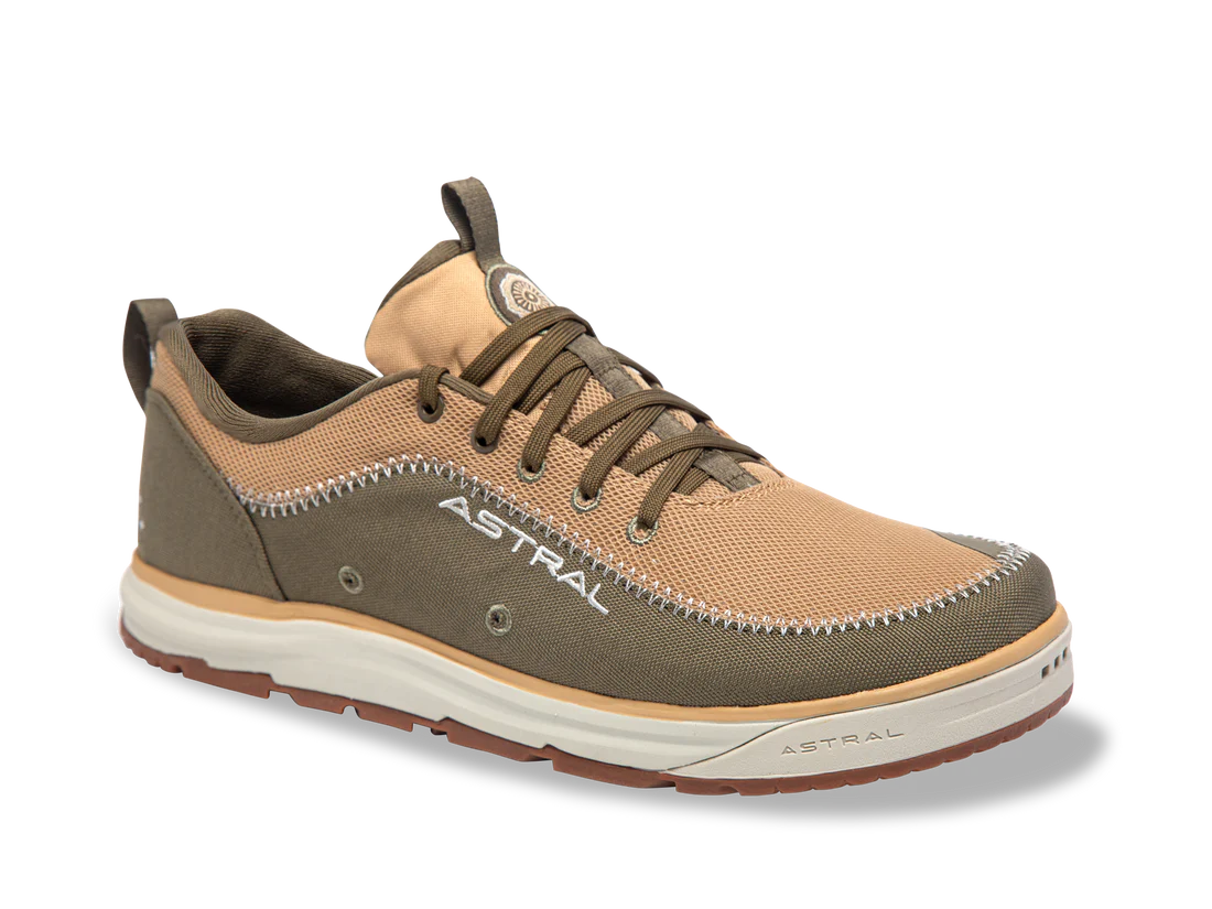 The Brewer 3.0 by Astral is a tan and olive water shoe ideal for kayakers, featuring white stitching and hydrophobic canvas. It has a white and brown sole with sturdy brown laces, offering comfort and durability for wet or dry adventures.