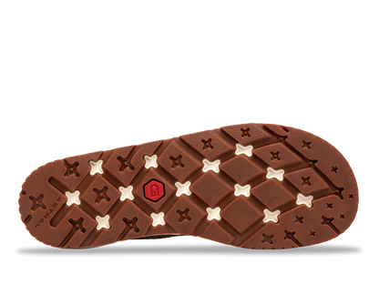 The Brewer 3.0 by Astral features a brown and tan geometric tread pattern with crosses and diamonds, perfect for kayakers. Made from hydrophobic canvas, it ensures quick-drying and provides reliable grip.