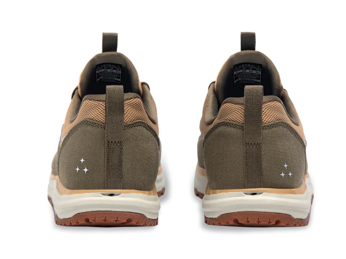 The Astral Brewer 3.0 sneakers, designed like hydrophobic canvas water shoes, have white soles and small reflective details. The brown sneakers are perfect for kayakers seeking both style and function, shown from the back against a plain background.