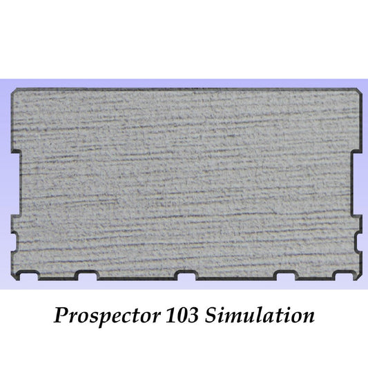 Plywood texture sample labeled as 'Prospector Foam Pad 103 simulation' with North Shore peel and stick adhesive.