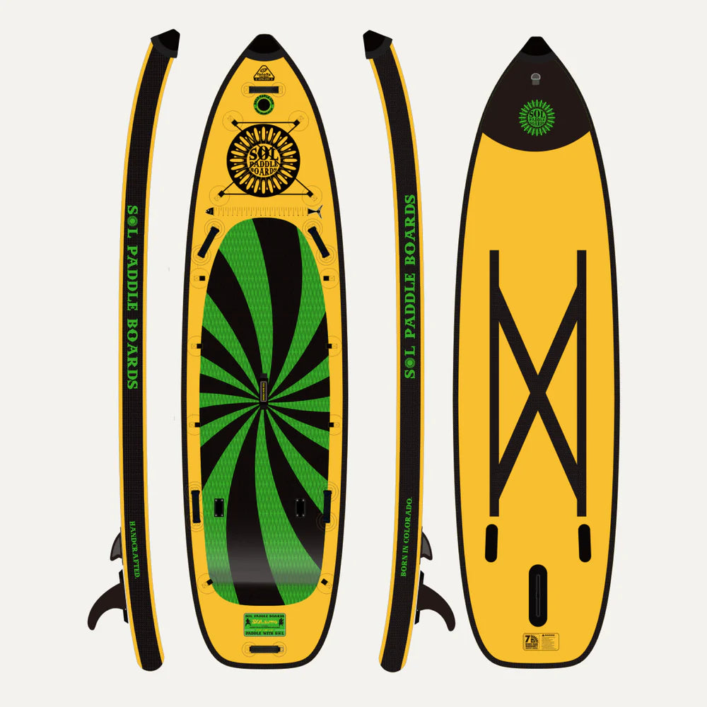Three SOL Paddle Boards SOLsumo GalaXy inflatable SUPs in yellow and green are displayed from side, top, and bottom views. Each board has black edges, decorative patterns, and an advanced stringer system for improved stability and performance.