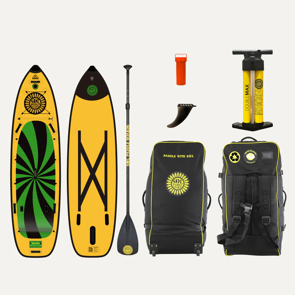 Discover the SOLsumo by SOL Paddle Boards—a yellow and black inflatable SUP paddleboard set. It includes a paddle, pump, advanced stringer system for stability, fin, repair kit, and carrying bag—ideal for your aquatic adventures.