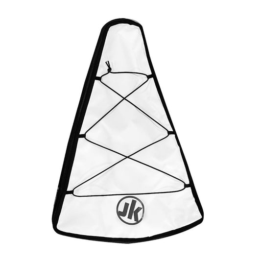 The Insulated Catch Cooler by Jackson Kayak is a white, triangular sail bag featuring black trim, black crisscrossing bungee cords, and a black "JK" logo at the bottom. Designed as a UV-resistant kayak cooler, it is ideal for avid paddlers.