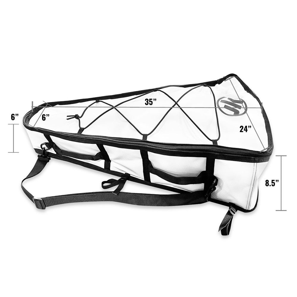 The Jackson Kayak Insulated Catch Cooler is a white and black equipment bag with a strap, made of UV-resistant material. It measures 35 inches in length, 24 inches in height, 8.5 inches in depth, and has an additional height of 6 inches.