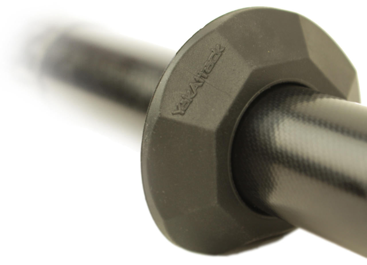 Close-up of a black YakAttack paddle shaft featuring a textured CatchNRelease™ Drip Ring - Pair by YakAttack.