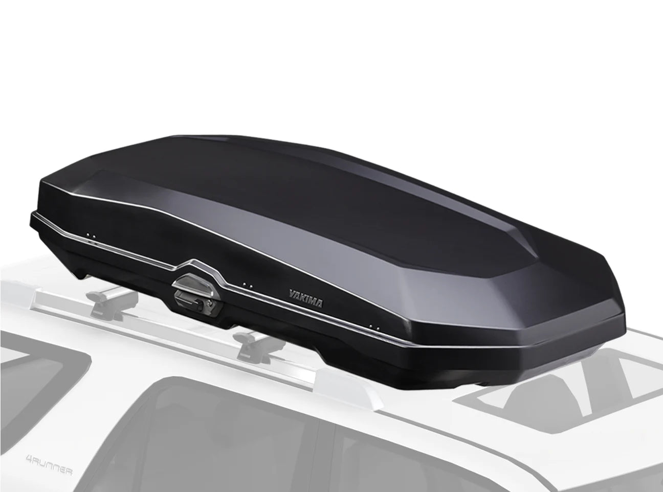 A sophisticated black roof storage unit, the Yakima CBX 16, is effortlessly affixed to a white vehicle.