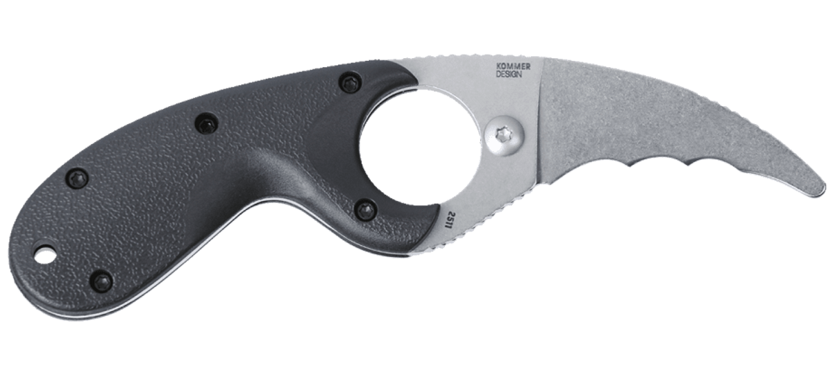 The Bear Claw Knife, a fixed blade knife with a black handle, features corrosion-resistant steel and is showcased against a black background.