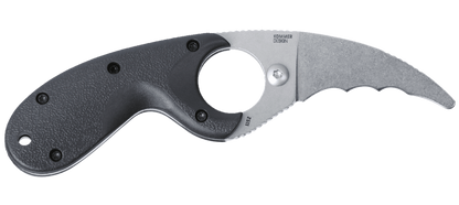 The Bear Claw Knife, a fixed blade knife with a black handle, features corrosion-resistant steel and is showcased against a black background.