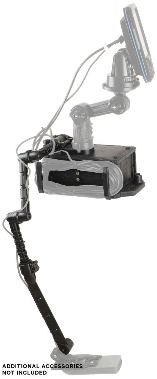 The YakAttack CellBlok Fish Finder Combo features a black adjustable arm with a rectangular base for mounting your device holder, cables, and monitor—perfect for kayak fish finder or sonar setups; accessories sold separately.