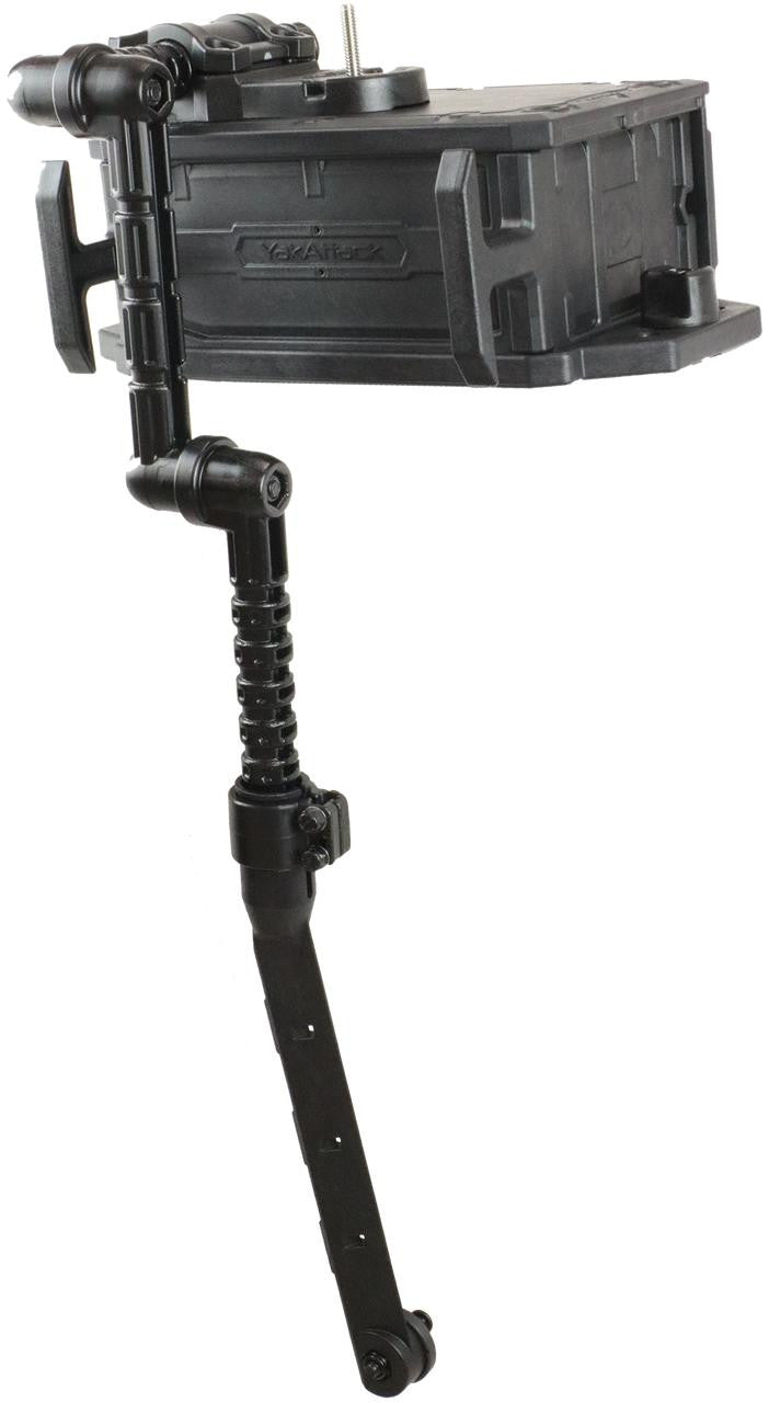 The YakAttack CellBlok Fish Finder Combo is a black plastic device with a rectangular box and adjustable, jointed transducer arm, perfect for installing a fish finder or sonar on your kayak.