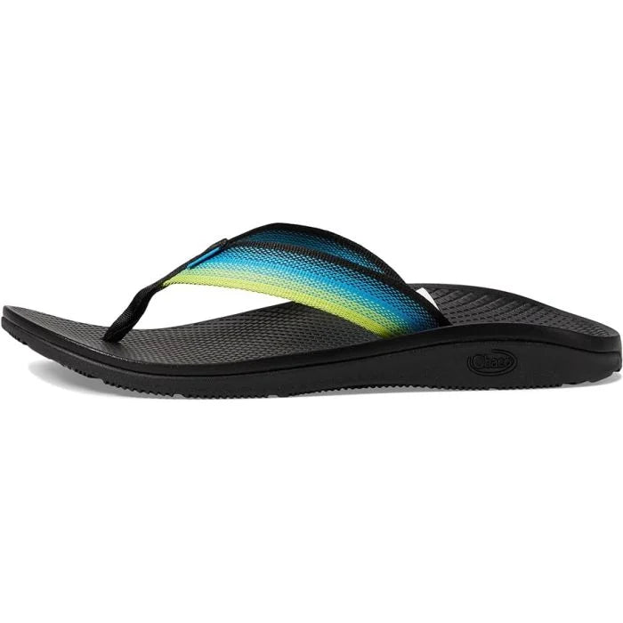 The Chaco Classic Flip - Men's is a black flip flop sandal with a textured sole and a blue-to-green gradient strap, featuring durable construction and comfortable arch support.